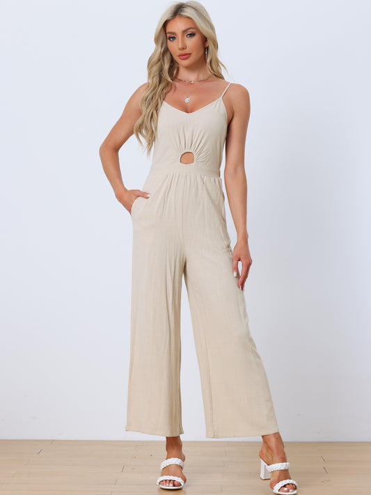 Women's Summer Jumpsuits Casual Spaghetti Strap Cut Out Wide Leg Jumpsuit with Pockets