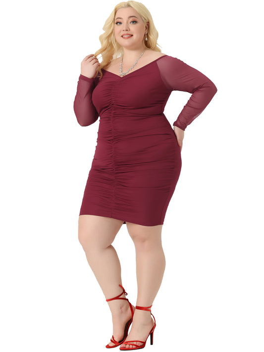 Vestido ajustado de talla grande para mujer, sexy, elegante, con hombros descubiertos, de malla, manga larga, fruncido, para fiesta y cóctel