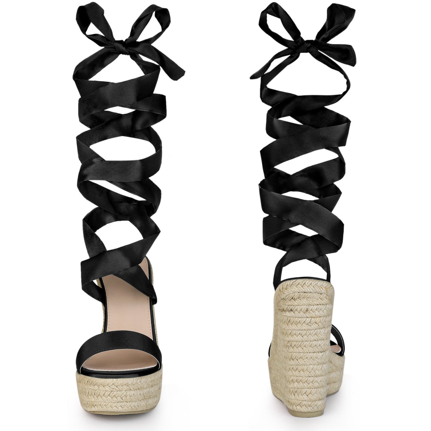 Women Platform Bow Ankle Tie Espadrilles Satin Lace Up Wedge Sandals