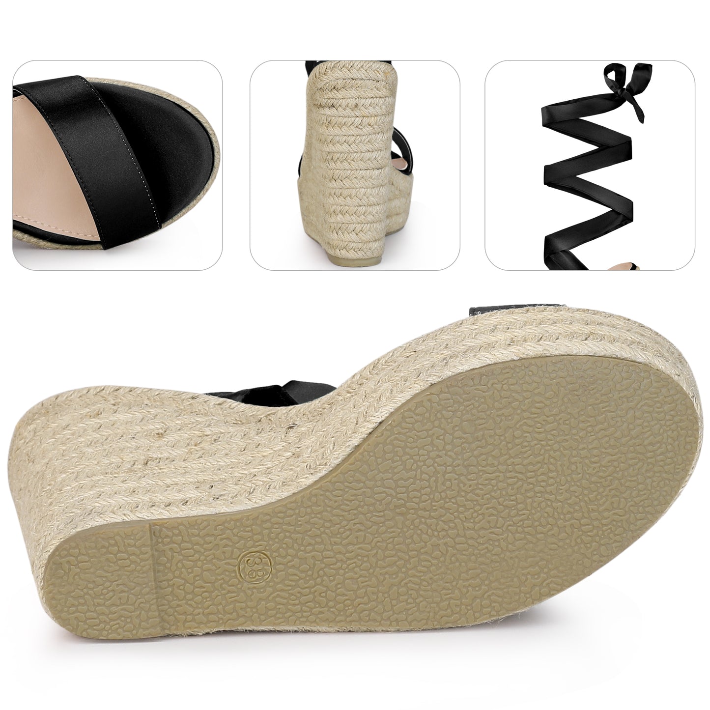 Women Platform Bow Ankle Tie Espadrilles Satin Lace Up Wedge Sandals