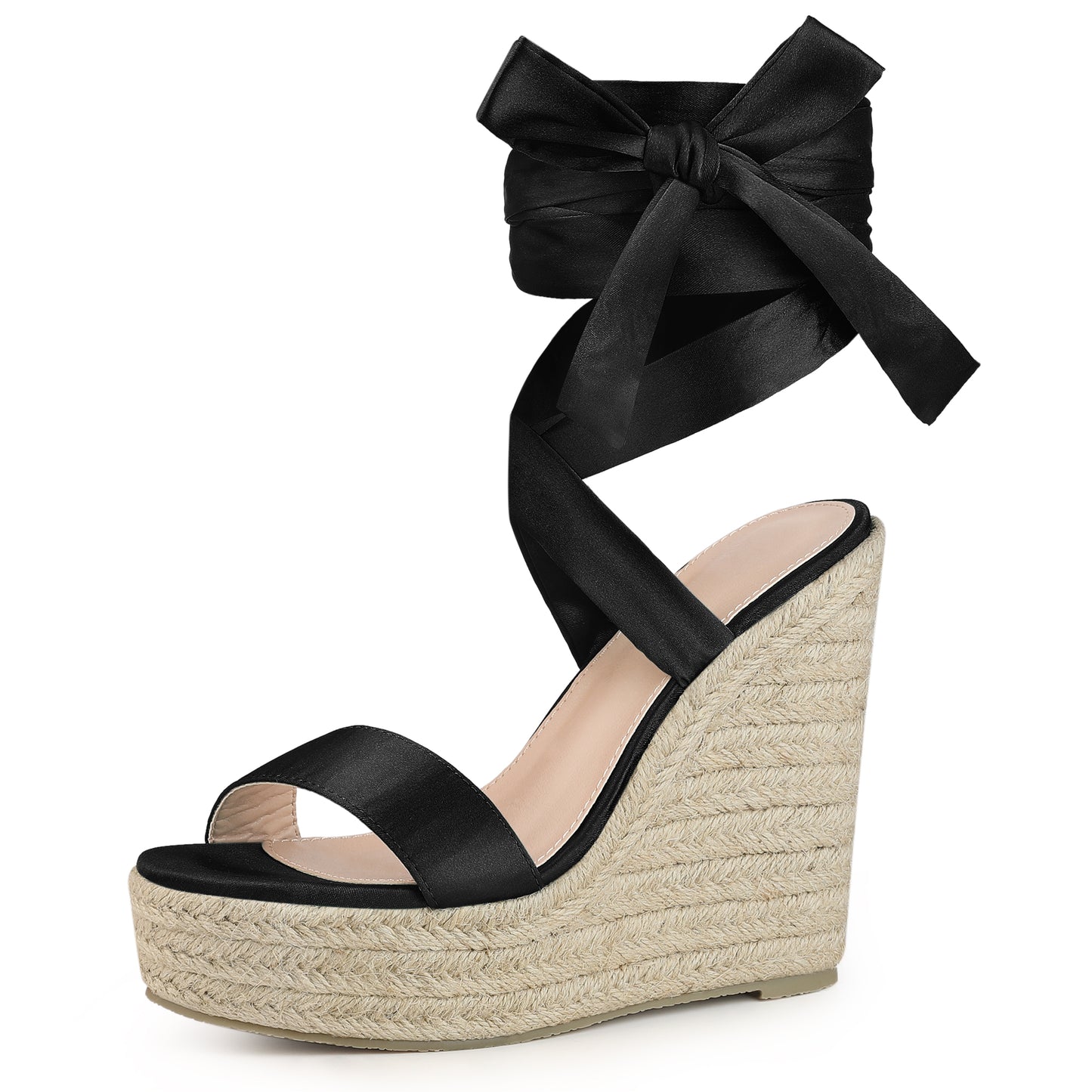 Women Platform Bow Ankle Tie Espadrilles Satin Lace Up Wedge Sandals