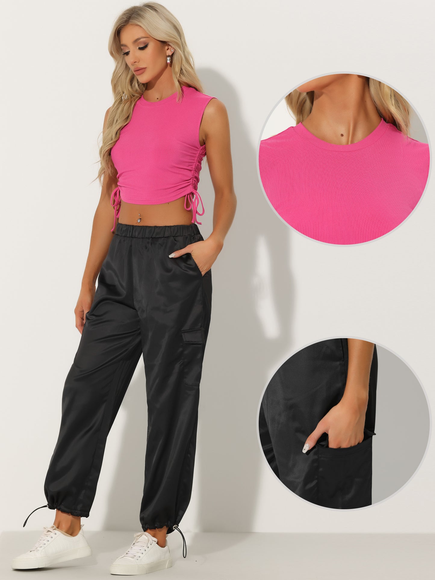 Women's 2 Pieces Drawstring Sleeveless Top Satin Cargo Pants Sweatsuits