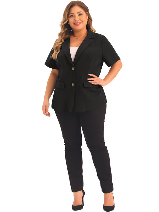 Blazer informal de talla grande para mujer, de manga corta, con solapa con muescas y botones, para trabajo y oficina