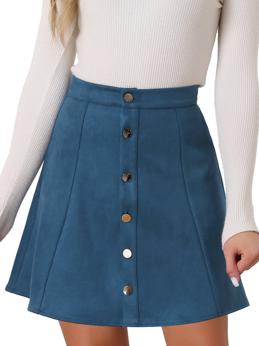 Women's Faux Suede Button A-Line High Waisted Flared Mini Short Skirt