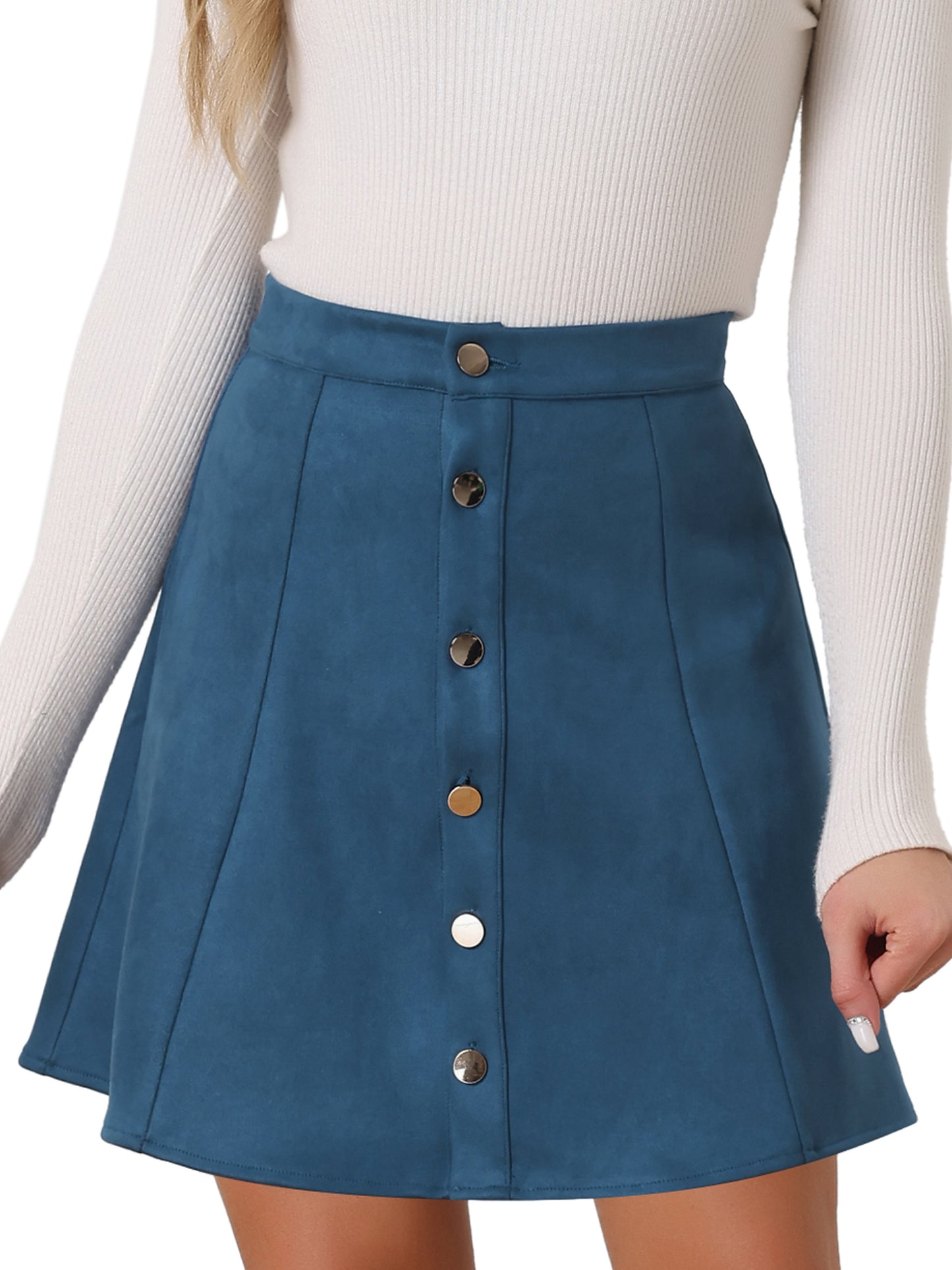 Women's Faux Suede Button A-Line High Waisted Flared Mini Short Skirt