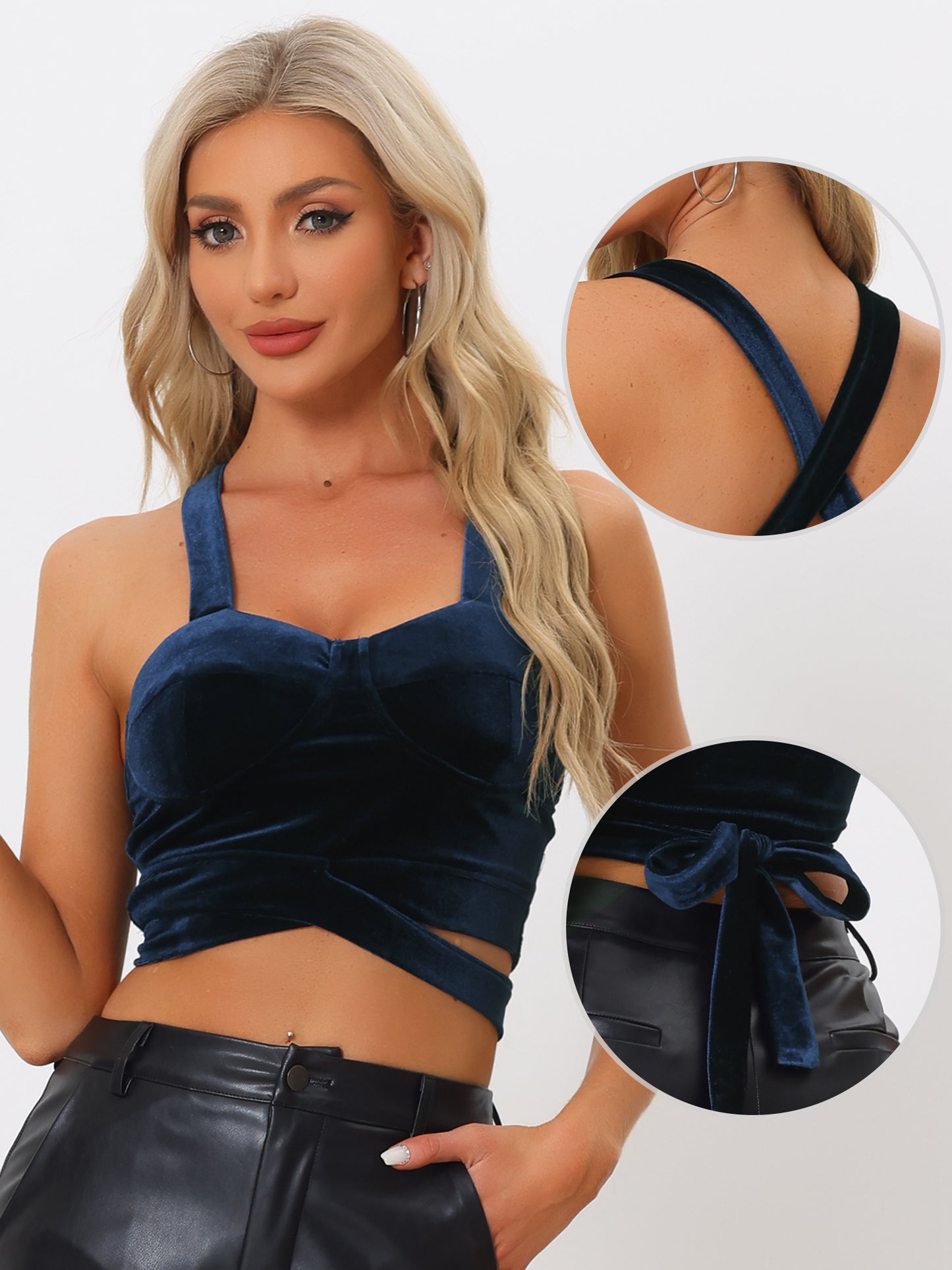 Women's Velvet Cami Tank Tops Sleeveless Spaghetti Strap Deep V Sexy Crop Top
