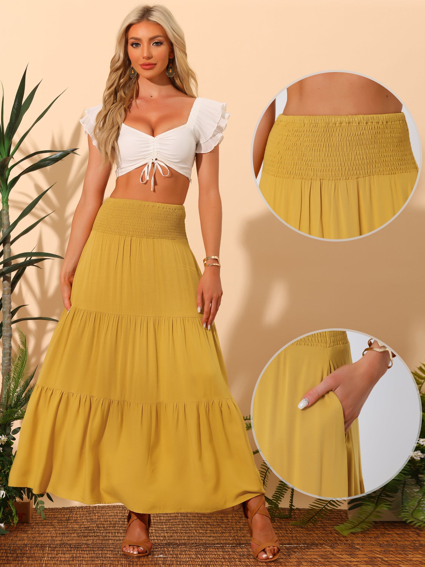 Women's Summer Maxi Skirt Casual Elastic Waist Flowy Tiered Boho Beach Long Skirts