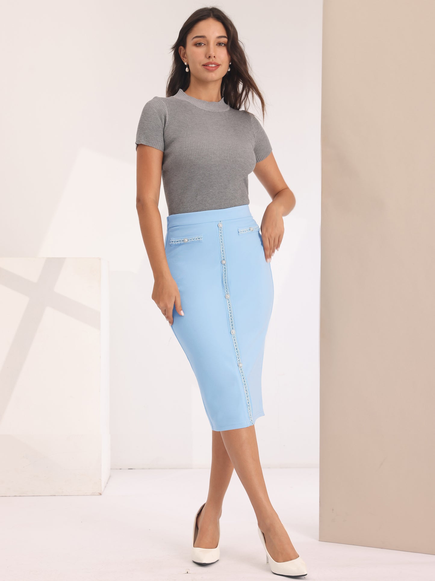 Women's Bodycon Pencil Skirt High Waist Stretchy Knee Length Office Work Skirts