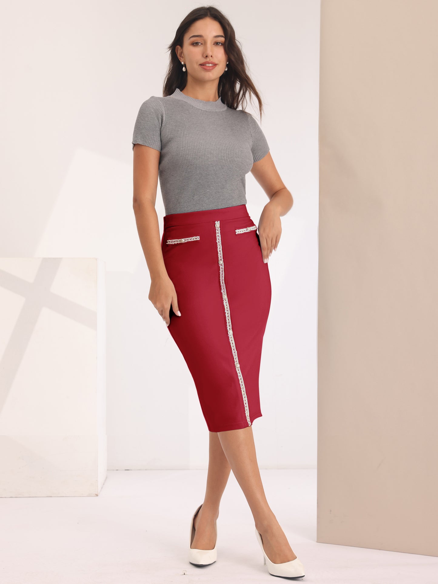 Women's Bodycon Pencil Skirt High Waist Stretchy Knee Length Office Work Skirts