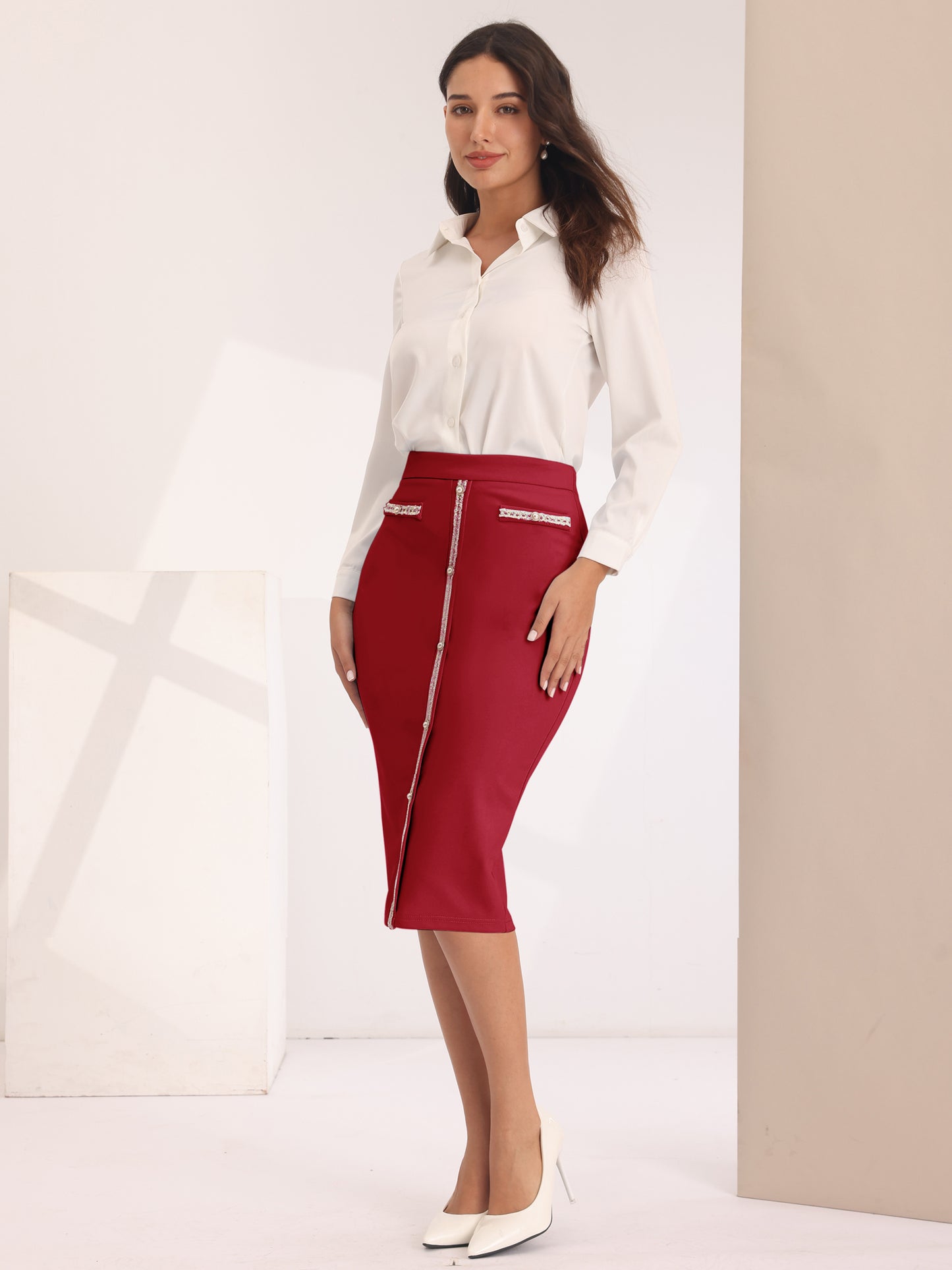 Women's Bodycon Pencil Skirt High Waist Stretchy Knee Length Office Work Skirts