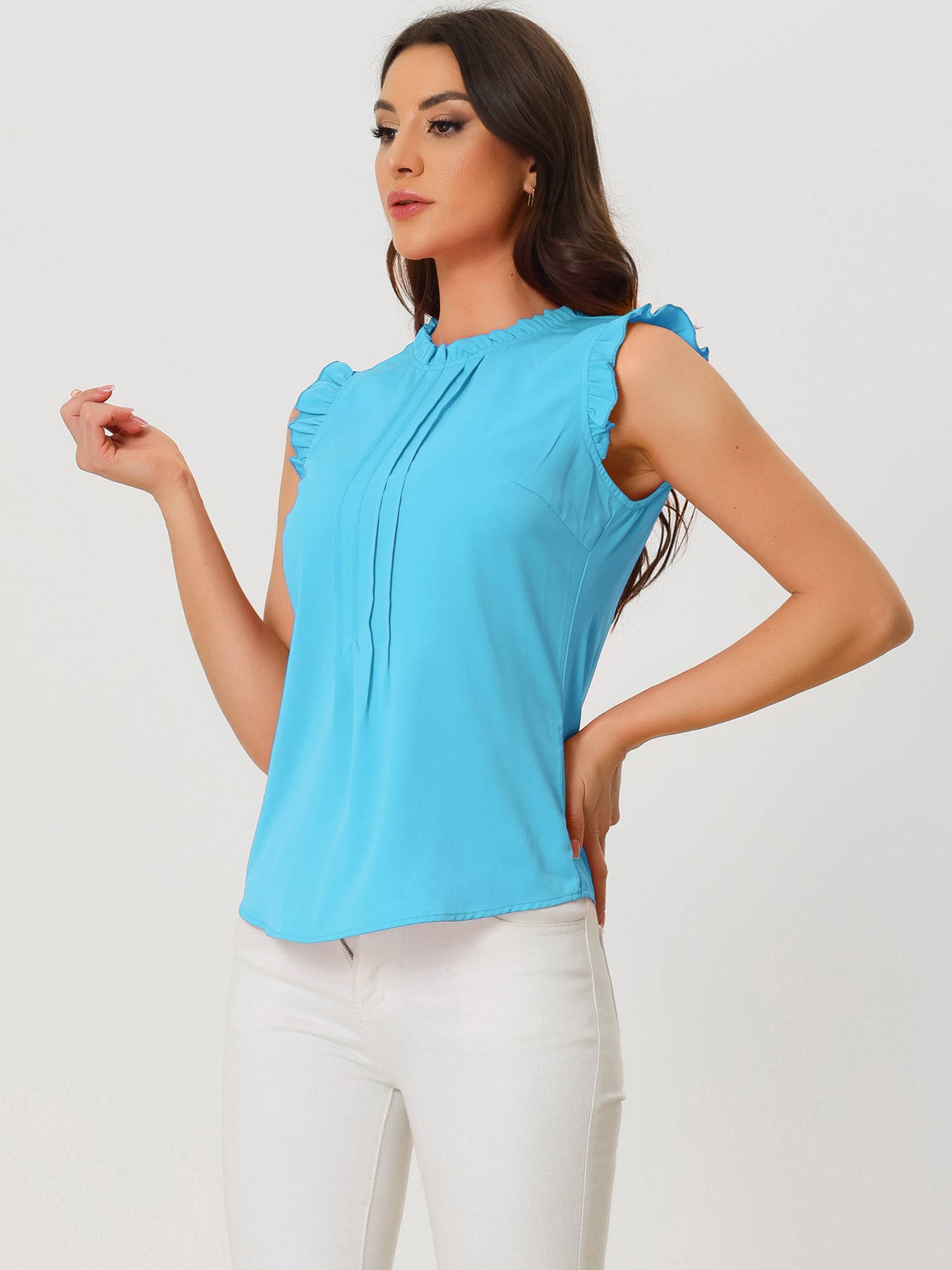 Blusa informal de negocios sin mangas con volantes para mujer