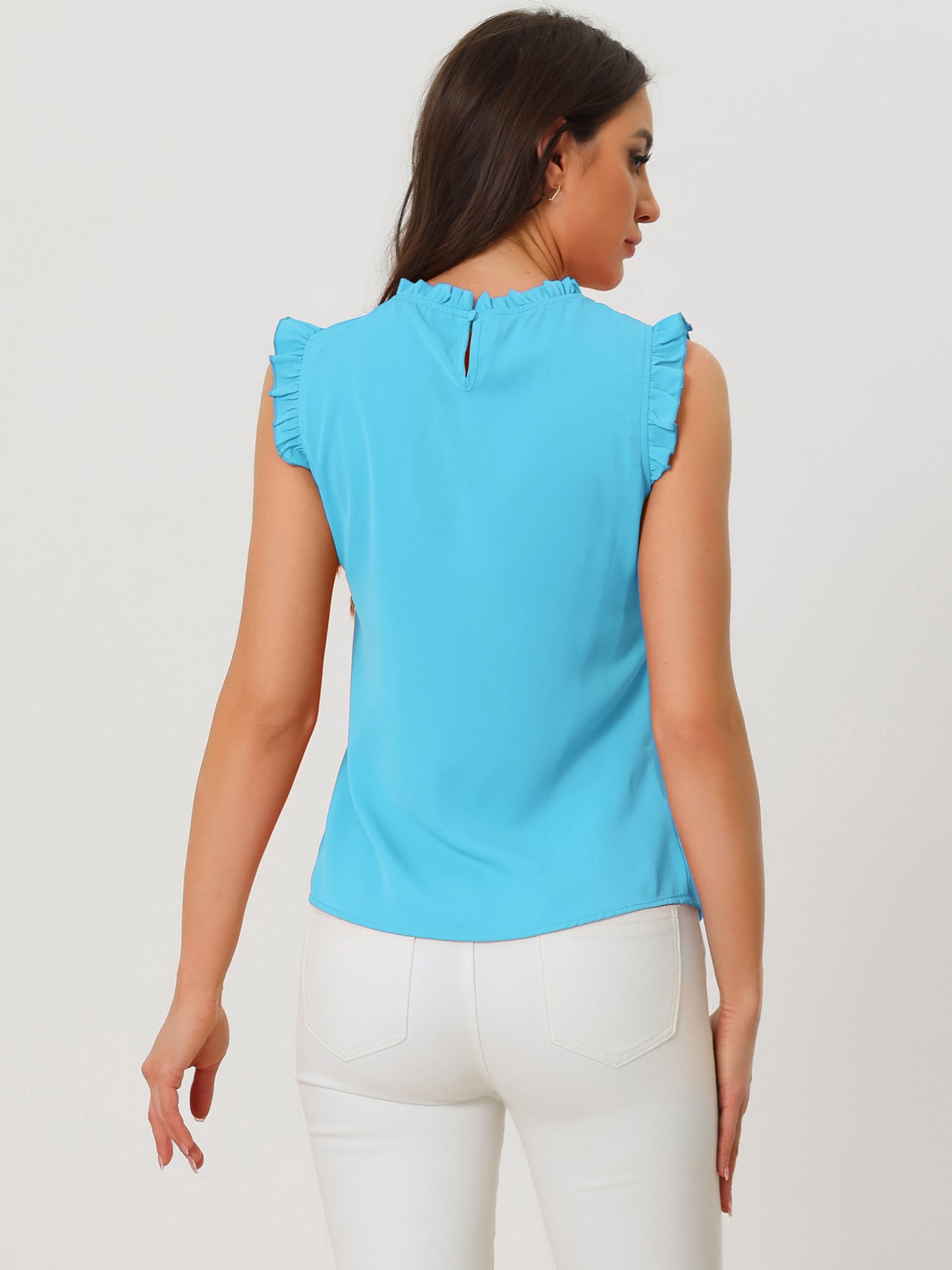 Blusa informal de negocios sin mangas con volantes para mujer