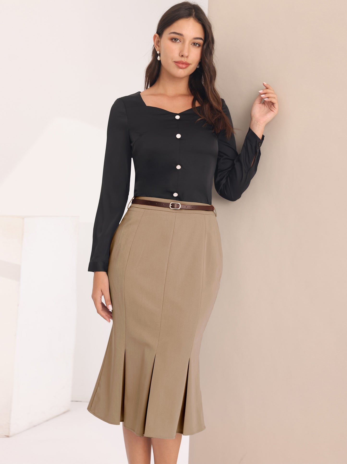Women's Elegant Formal Skirt with Belt Knee Length Fishtail Pencil Skirt