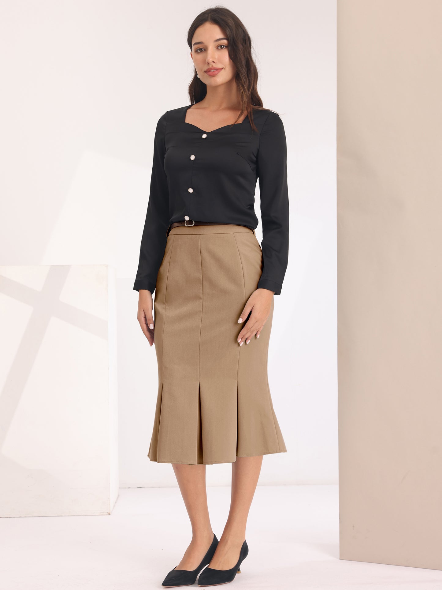 Women's Elegant Formal Skirt with Belt Knee Length Fishtail Pencil Skirt