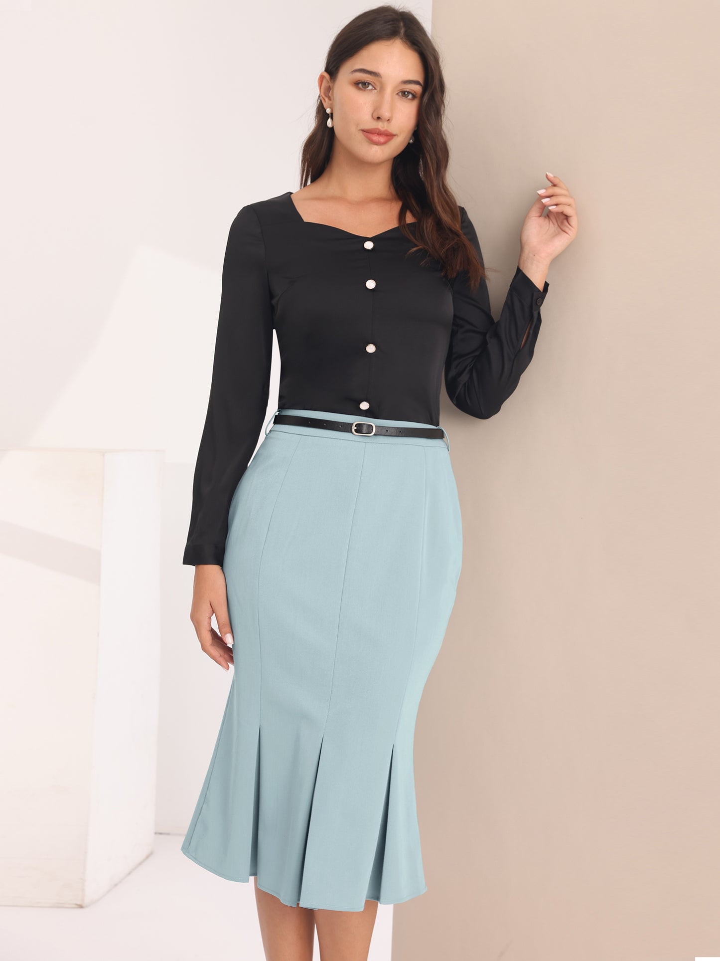 Women's Elegant Formal Skirt with Belt Knee Length Fishtail Pencil Skirt
