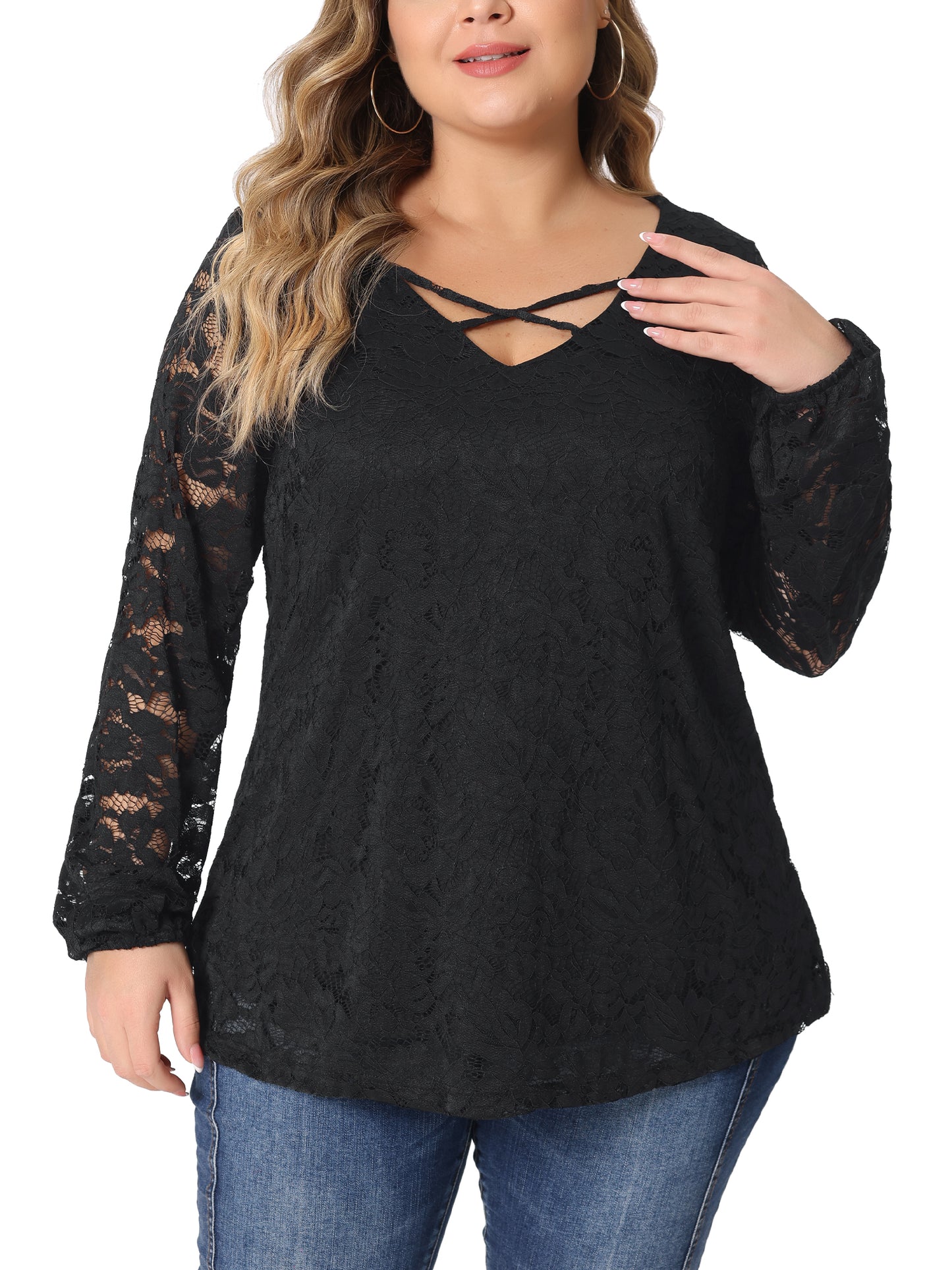 Women Plus Size Lace Blouse Sheer Long Sleeve Elastic Cuff Layer Cross V Neck Top