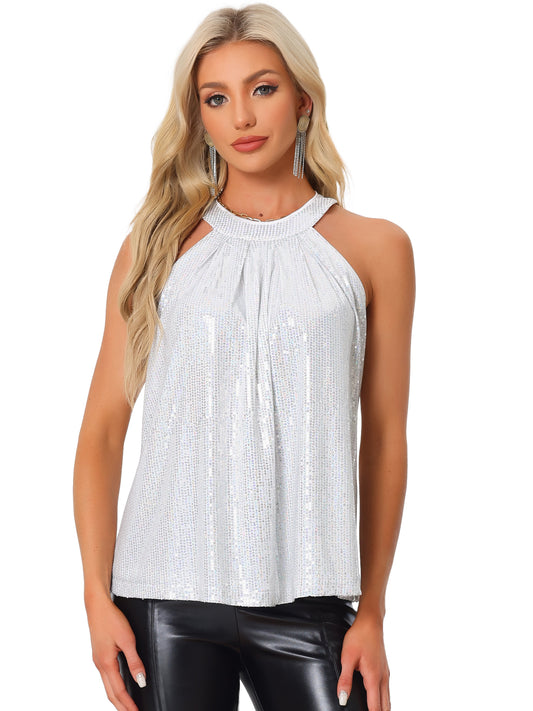 Women's Party Club Cocktail Sleeveless Tops Sparkle Vest Tank Camisole Sequin Halter Top