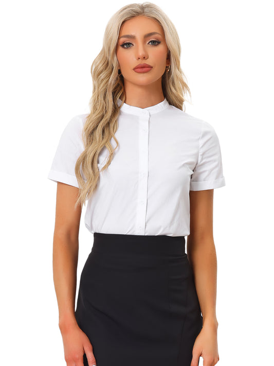 Women's Mock Neck Short Sleeve Button Down Work Shirt Bodysuit Top