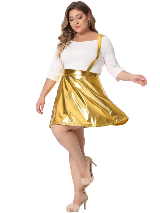 Women Plus Size Shiny Metallic Suspender Skirt High Waisted Holographic Rave Skirt