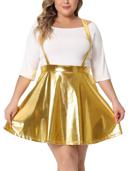Falda de tirantes metálica brillante para mujer, de talla grande, con cintura alta y diseño holográfico