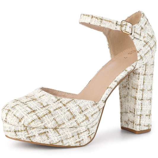 Zapatos Mary Jane de tacón grueso con punta cerrada y plataforma a cuadros para mujer