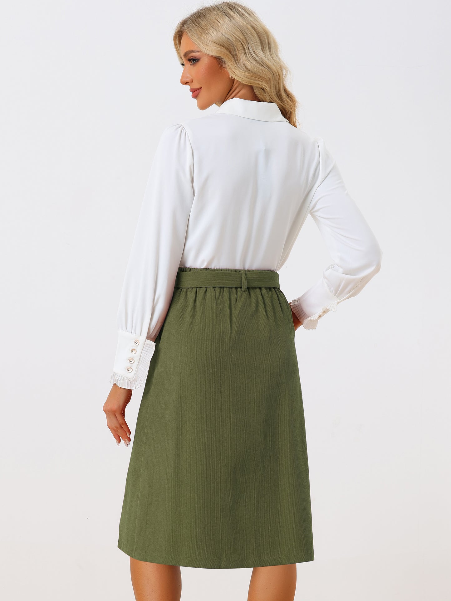 Women's High Waist Elastic Back A-Line Belted Winter Fall Midi Corduroy Skirt