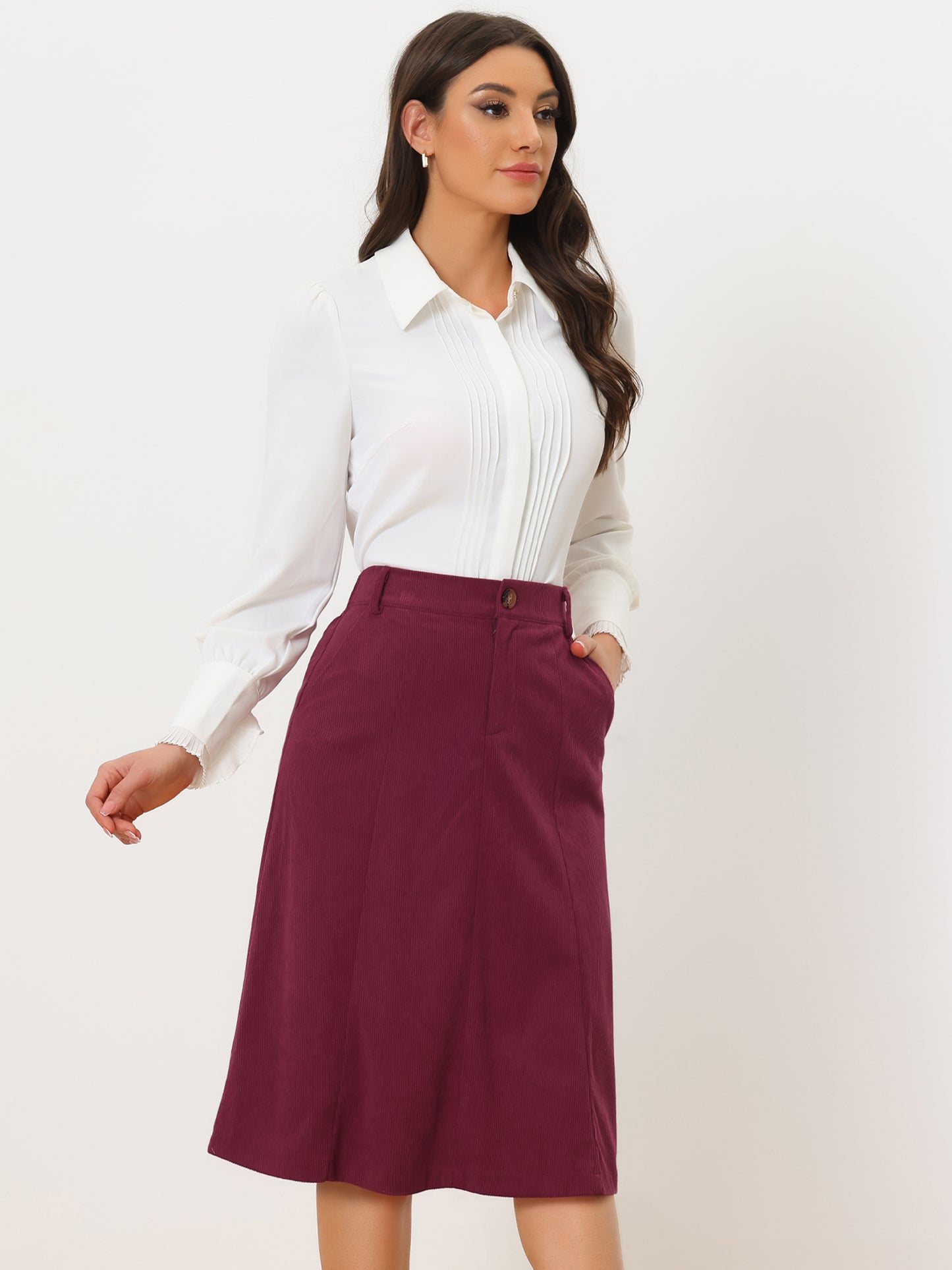 Women's High Waist Elastic Back A-Line Belted Winter Fall Midi Corduroy Skirt
