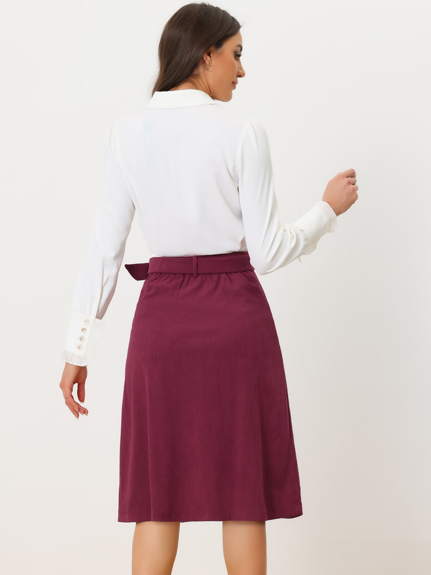 Women's High Waist Elastic Back A-Line Belted Winter Fall Midi Corduroy Skirt