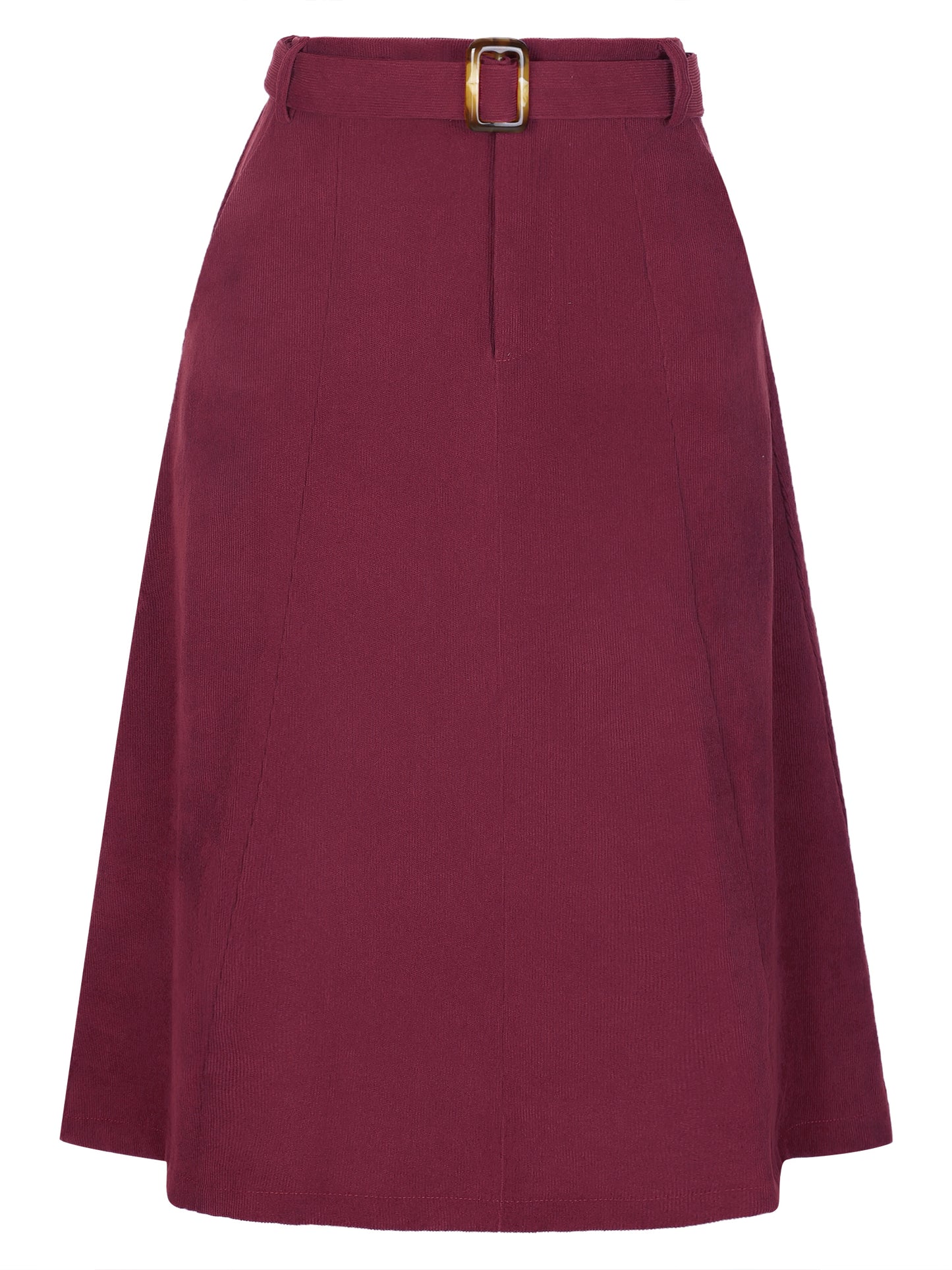 Women's High Waist Elastic Back A-Line Belted Winter Fall Midi Corduroy Skirt