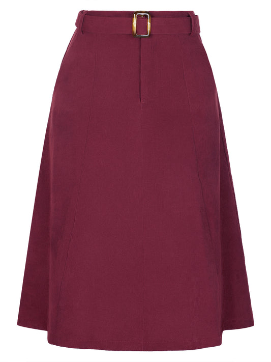 Women's High Waist Elastic Back A-Line Belted Winter Fall Midi Corduroy Skirt
