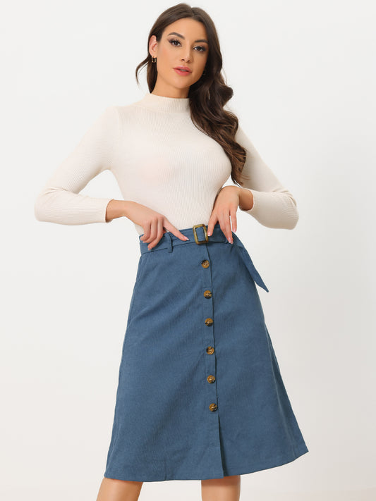 Women's Fall Button Front Belted Corduroy High Waist Midi Skirt