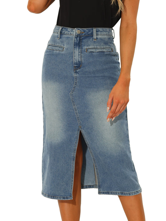 Women's Denim Skirt High Waist Slit Front Washed Jean Midi Skirts with Pockets