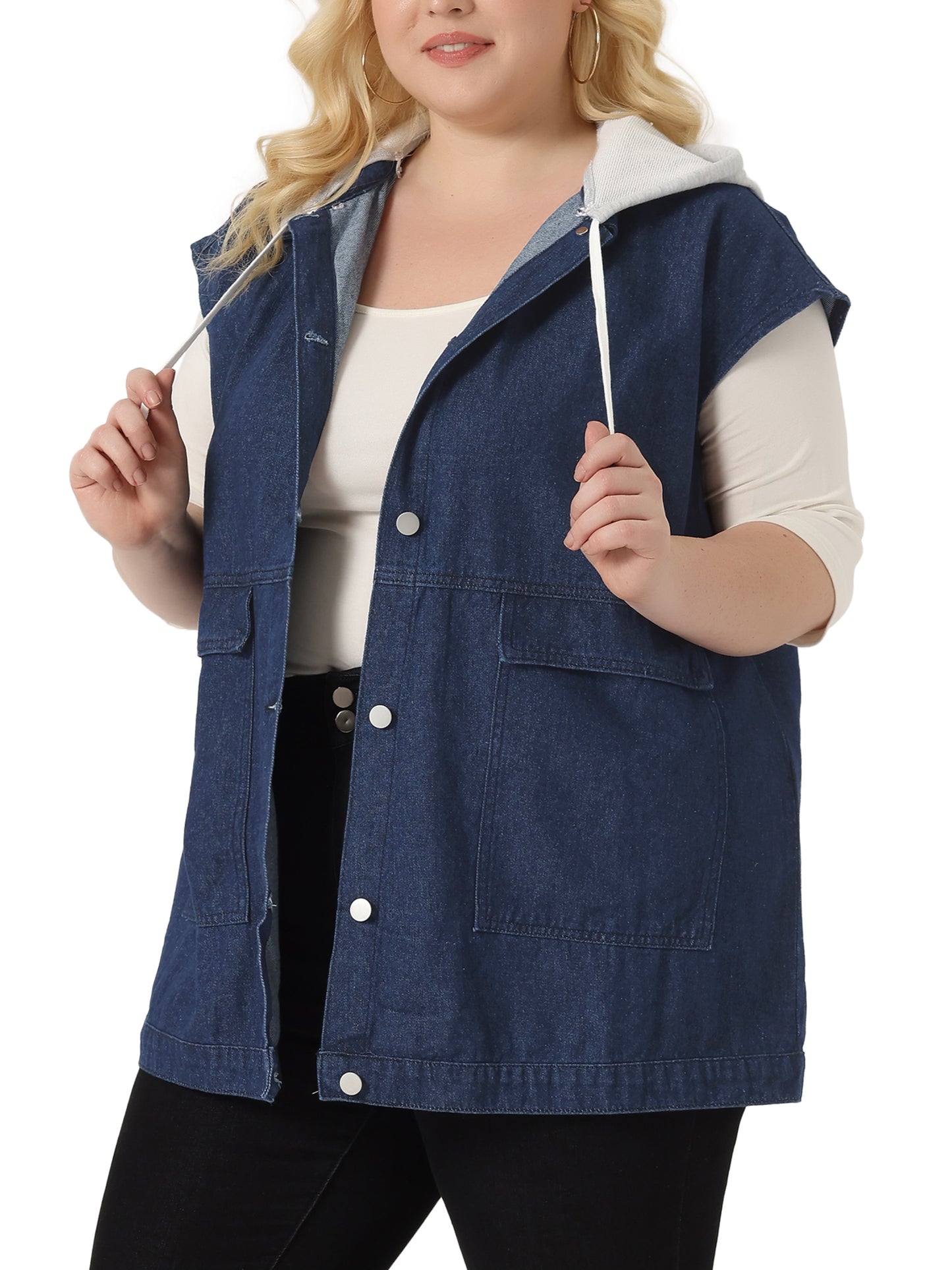Women Plus Size Denim Jacket Drawstring Hood Utility Long Jean Jacket Vest