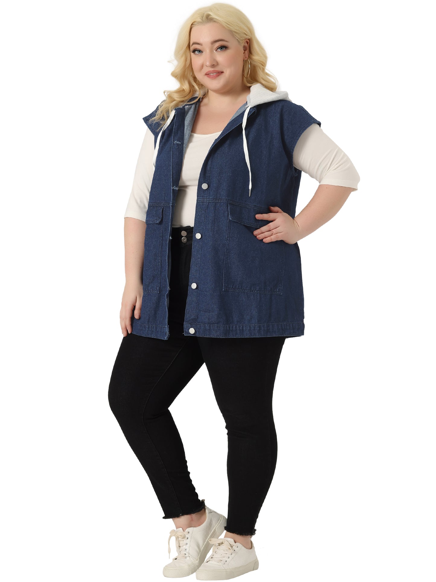 Women Plus Size Denim Jacket Drawstring Hood Utility Long Jean Jacket Vest
