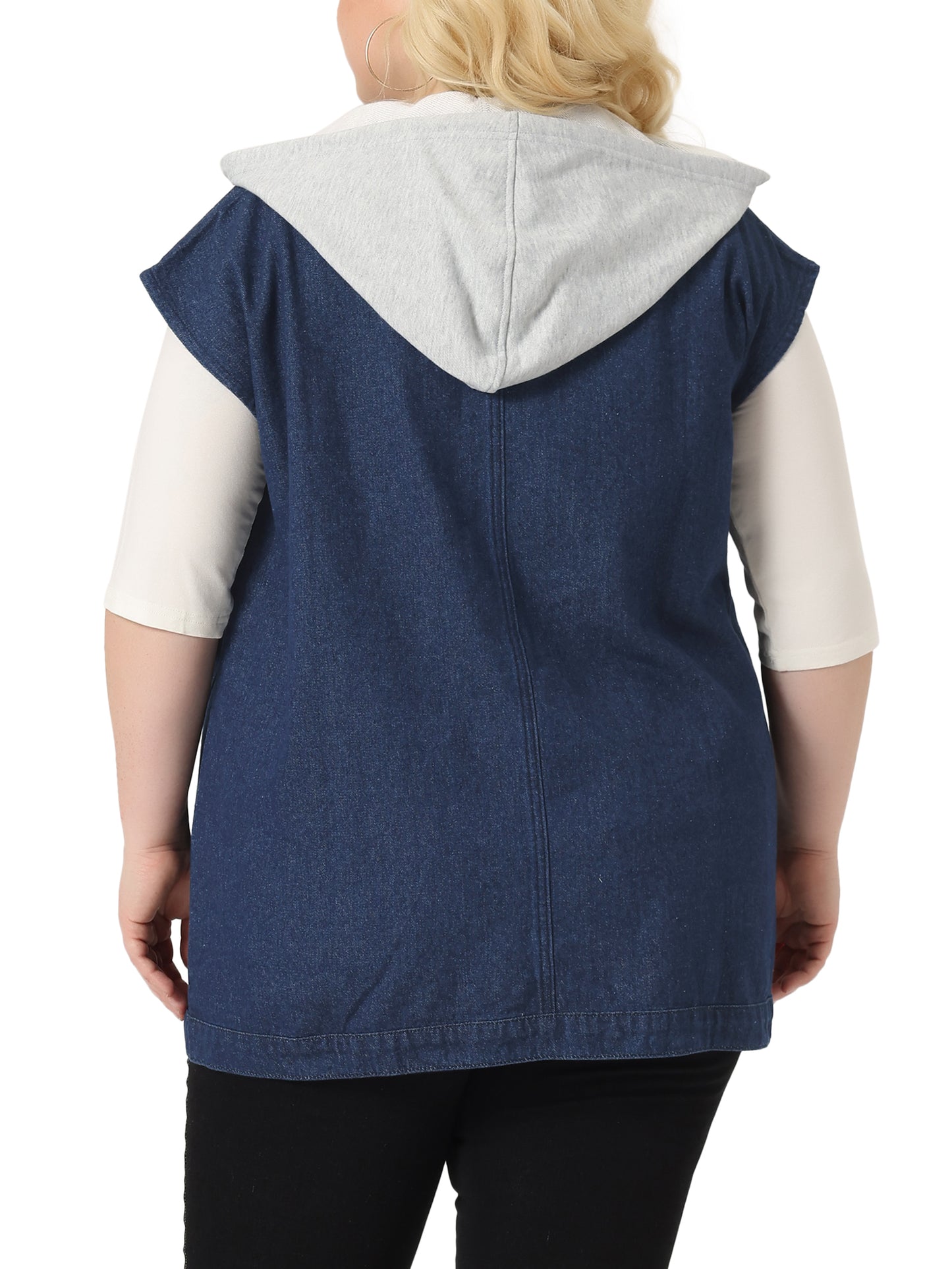 Women Plus Size Denim Jacket Drawstring Hood Utility Long Jean Jacket Vest