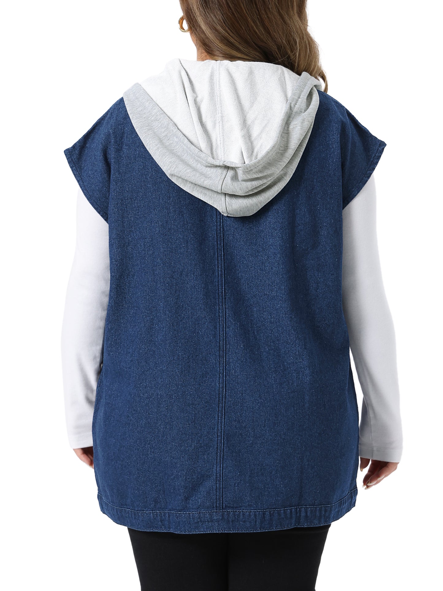 Women Plus Size Denim Jacket Drawstring Hood Utility Long Jean Jacket Vest