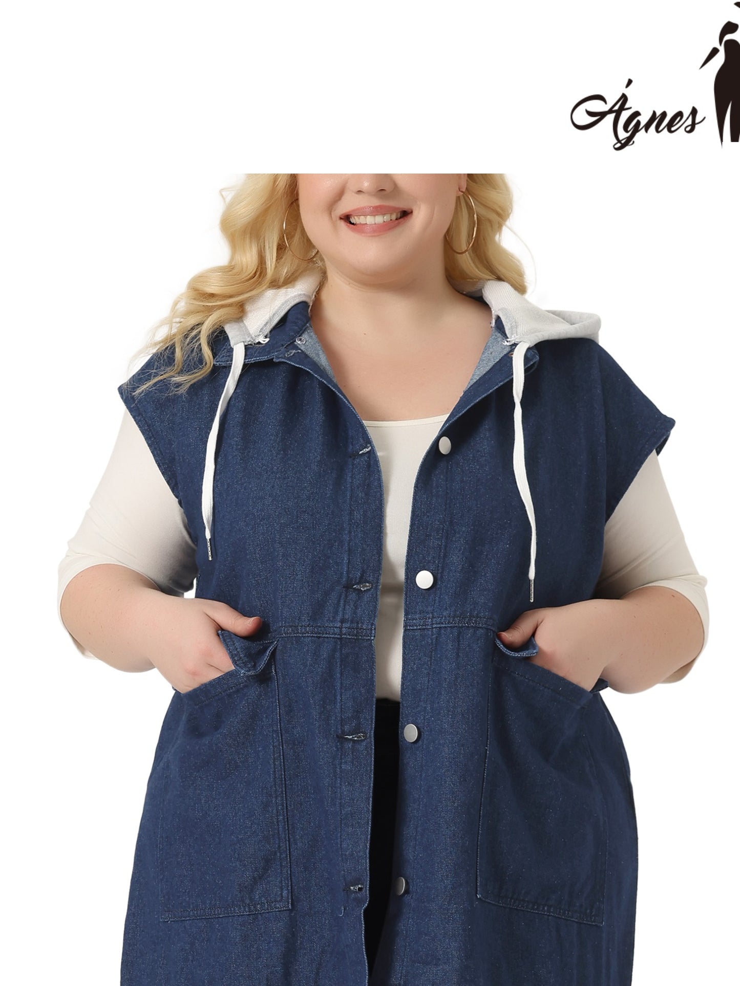 Women Plus Size Denim Jacket Drawstring Hood Utility Long Jean Jacket Vest