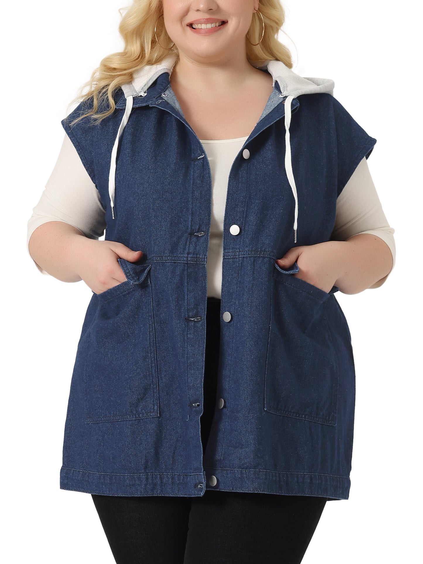 Women Plus Size Denim Jacket Drawstring Hood Utility Long Jean Jacket Vest