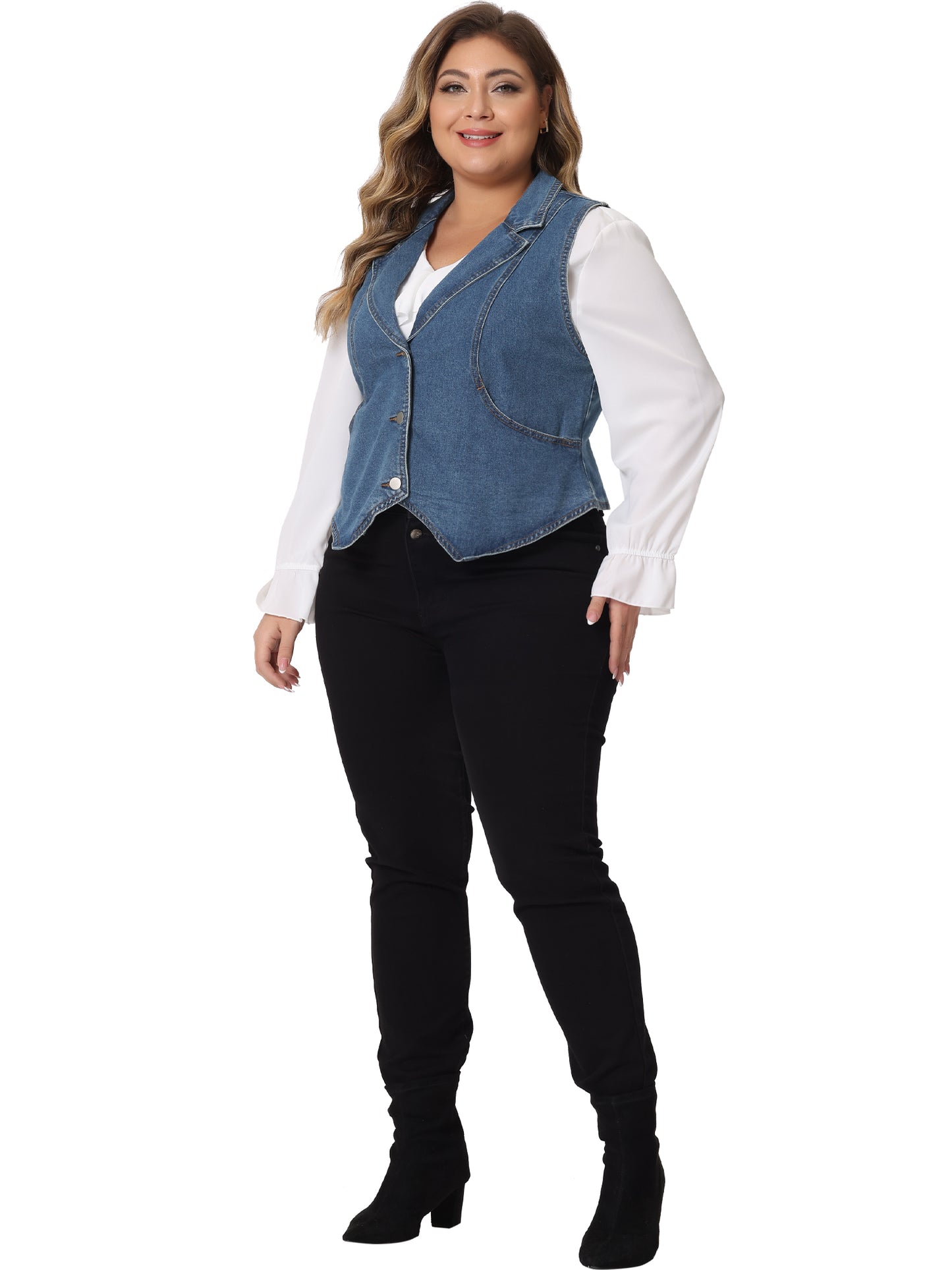 Women Plus Size Denim Vest Lapel Sleeveless Casual Waistcoat Jean Vest Jacket