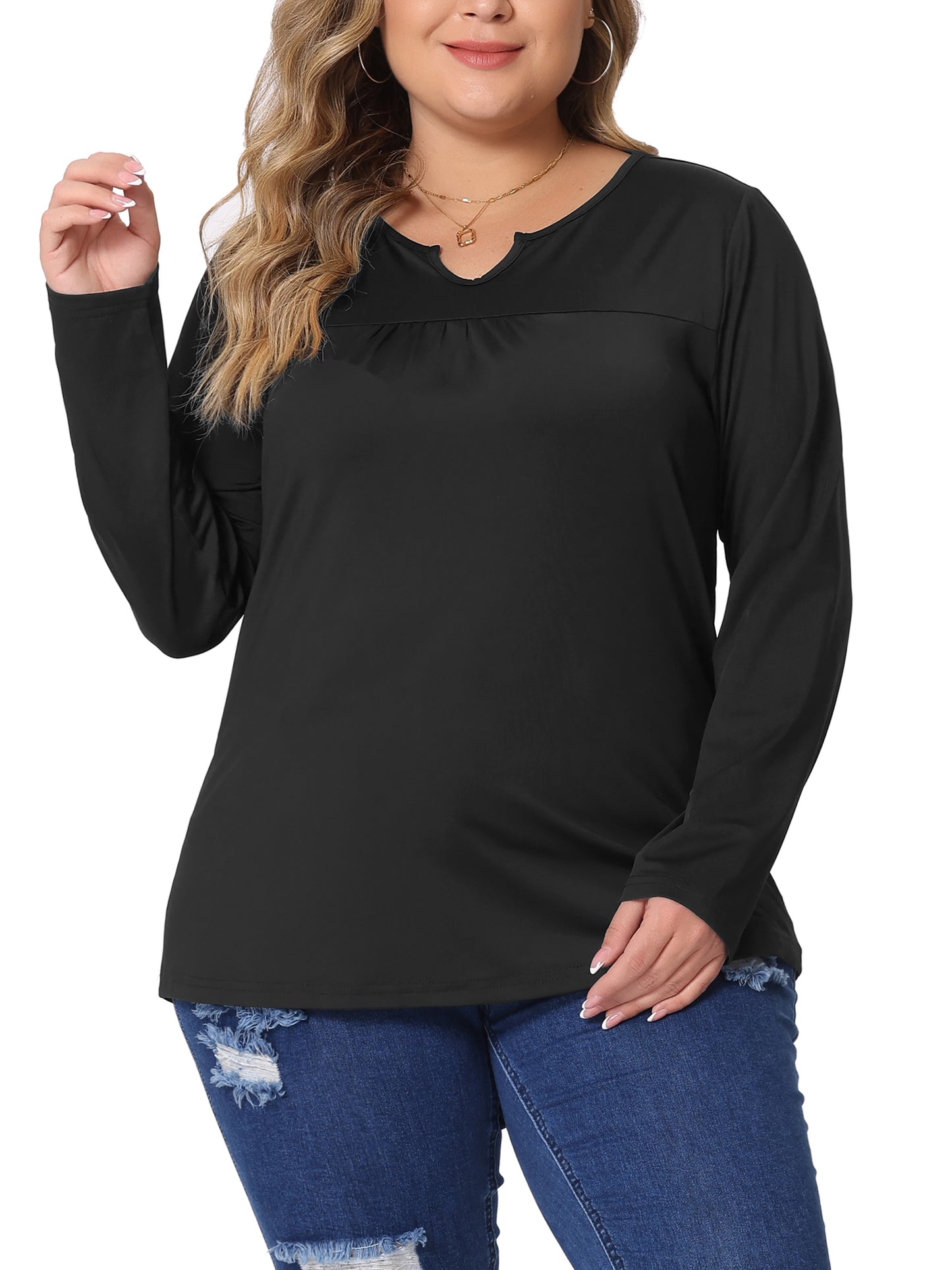 Women Plus Size Long Sleeve T-Shirts Notched Neck Loose Casual Top