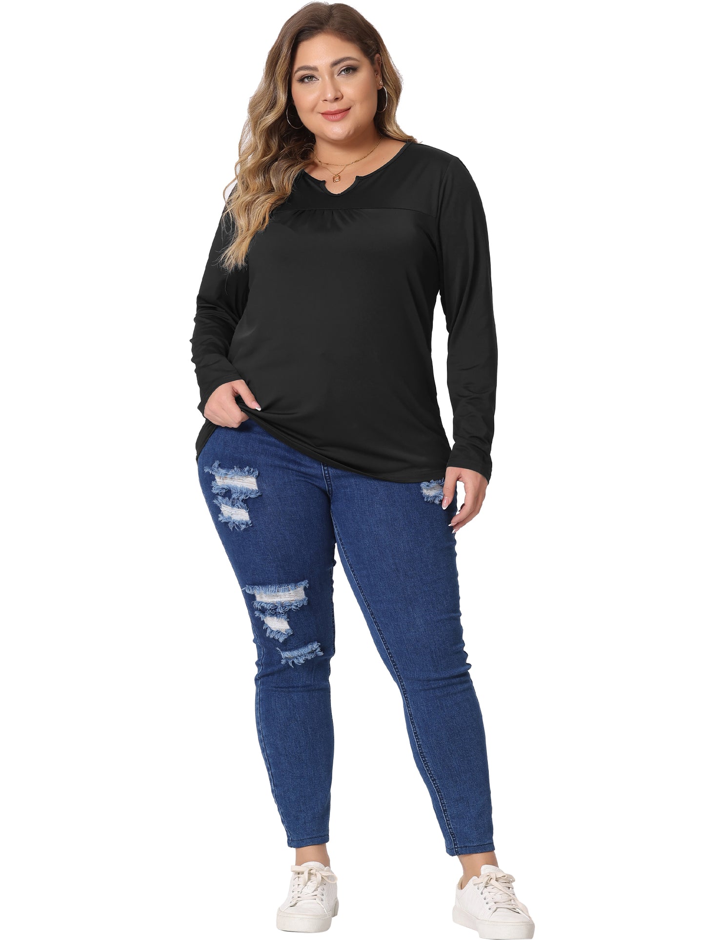 Women Plus Size Long Sleeve T-Shirts Notched Neck Loose Casual Top
