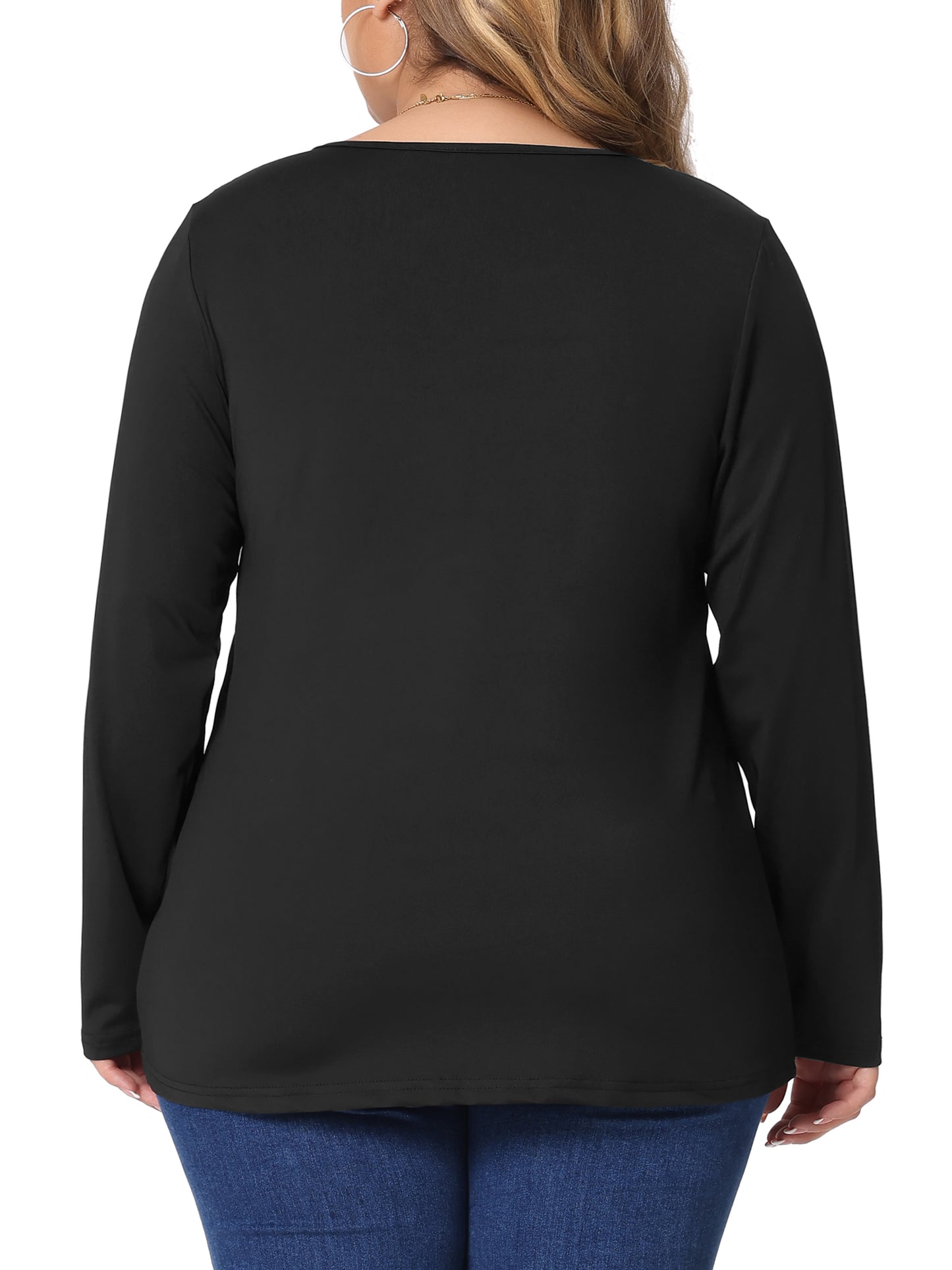 Women Plus Size Long Sleeve T-Shirts Notched Neck Loose Casual Top