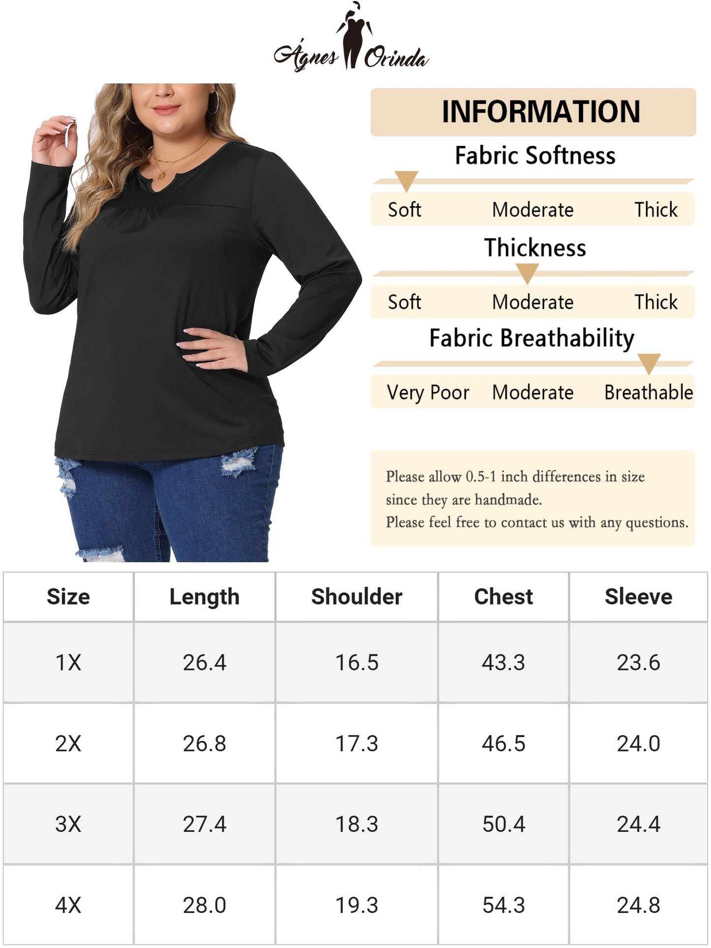 Women Plus Size Long Sleeve T-Shirts Notched Neck Loose Casual Top