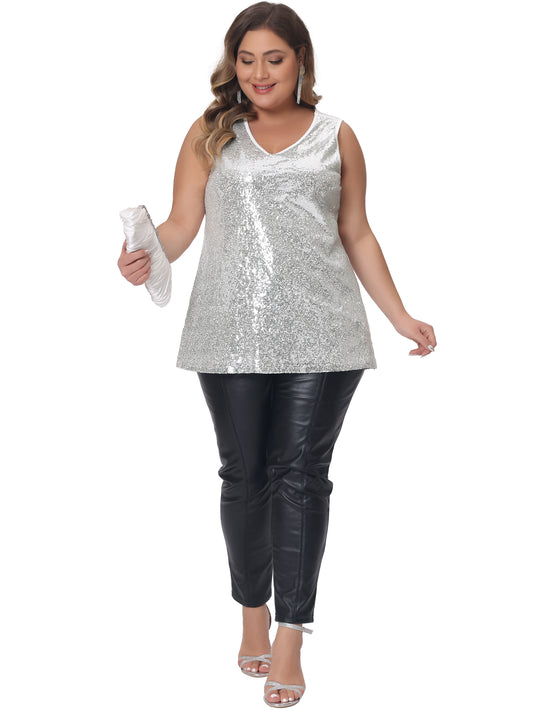 Women Plus Size Sleeveless Glitter Sequin Tank Tops Shimmer Sparkle V Neck Club Party Vest Top