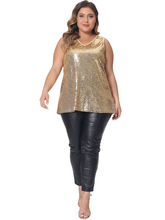Women Plus Size Sleeveless Glitter Sequin Tank Tops Shimmer Sparkle V Neck Club Party Vest Top