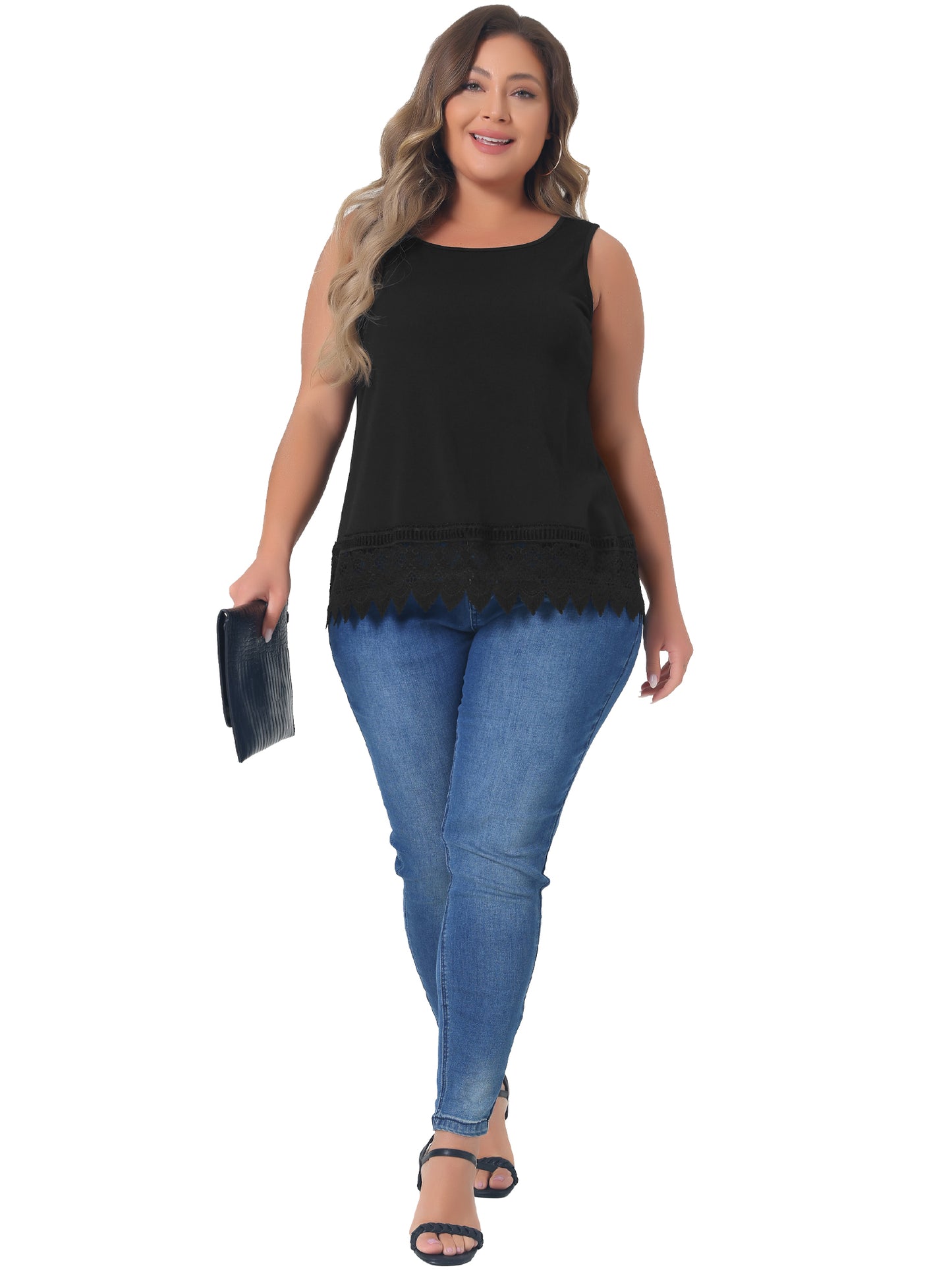 Women Plus Size Tops Round Neck Sleeveless Swing Lace Panel Flowy Tee Tops Summer