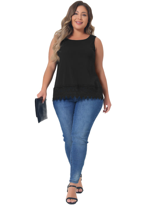 Women Plus Size Tops Round Neck Sleeveless Swing Lace Panel Flowy Tee Tops Summer