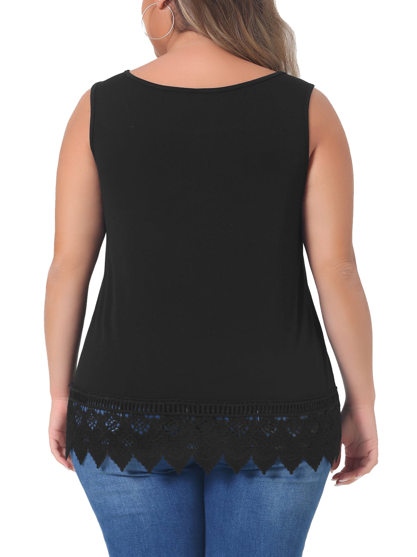 Women Plus Size Tops Round Neck Sleeveless Swing Lace Panel Flowy Tee Tops Summer