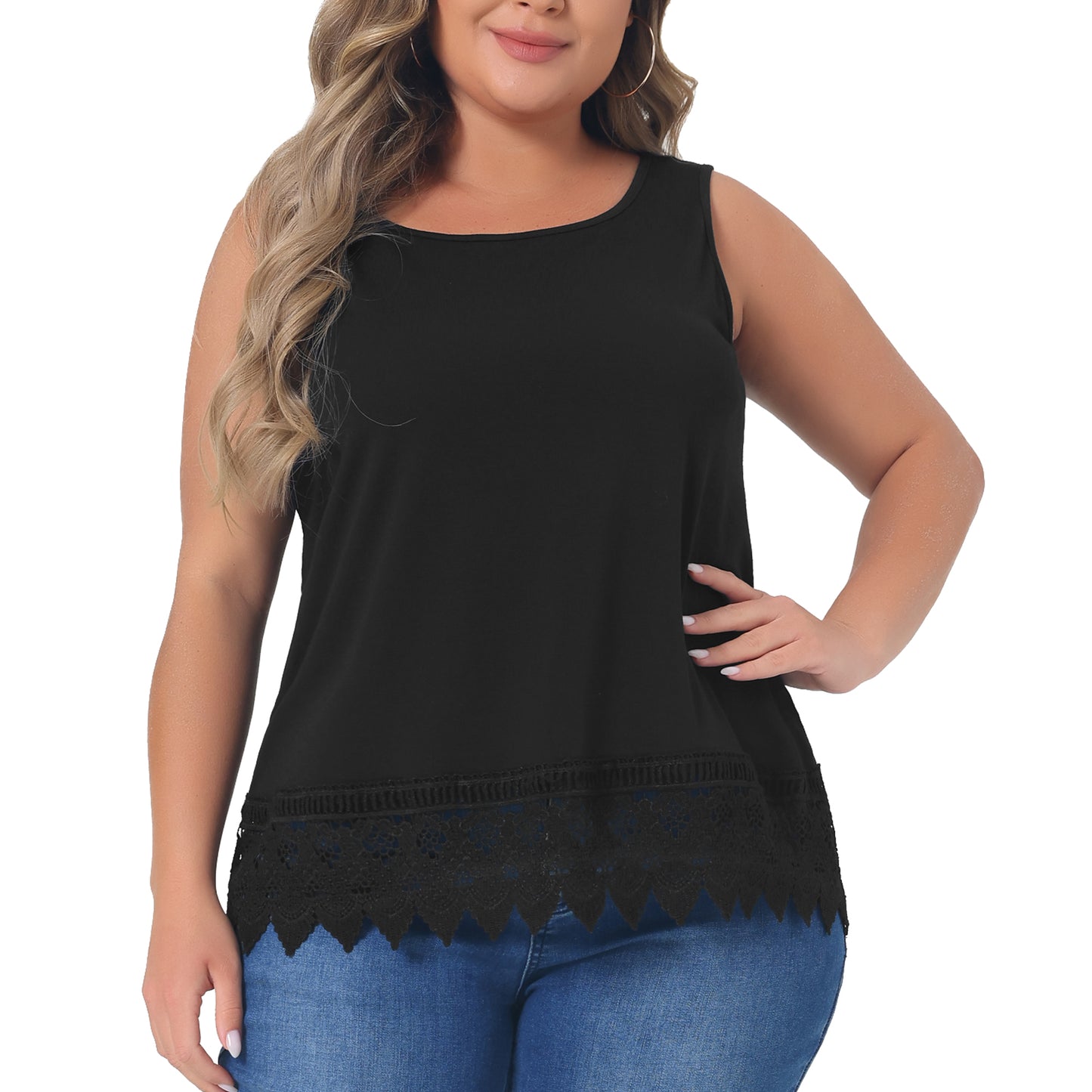 Women Plus Size Tops Round Neck Sleeveless Swing Lace Panel Flowy Tee Tops Summer