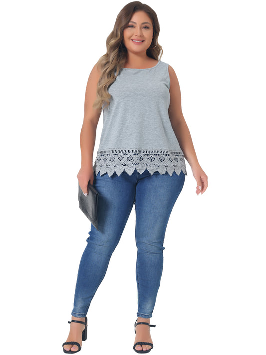 Women Plus Size Tops Round Neck Sleeveless Swing Lace Panel Flowy Tee Tops Summer